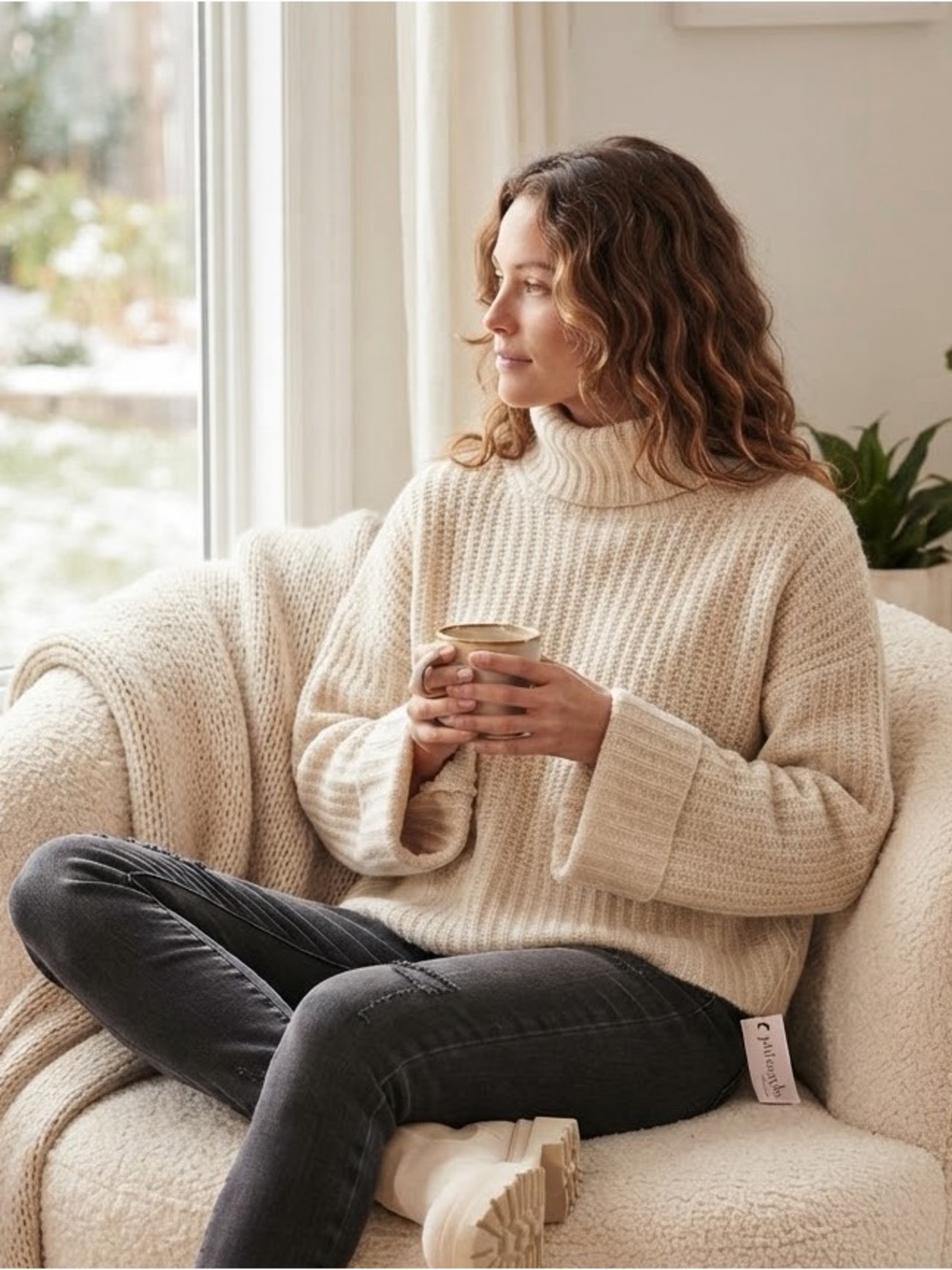 Philosophy Cream Ribbed Turtleneck Sweater